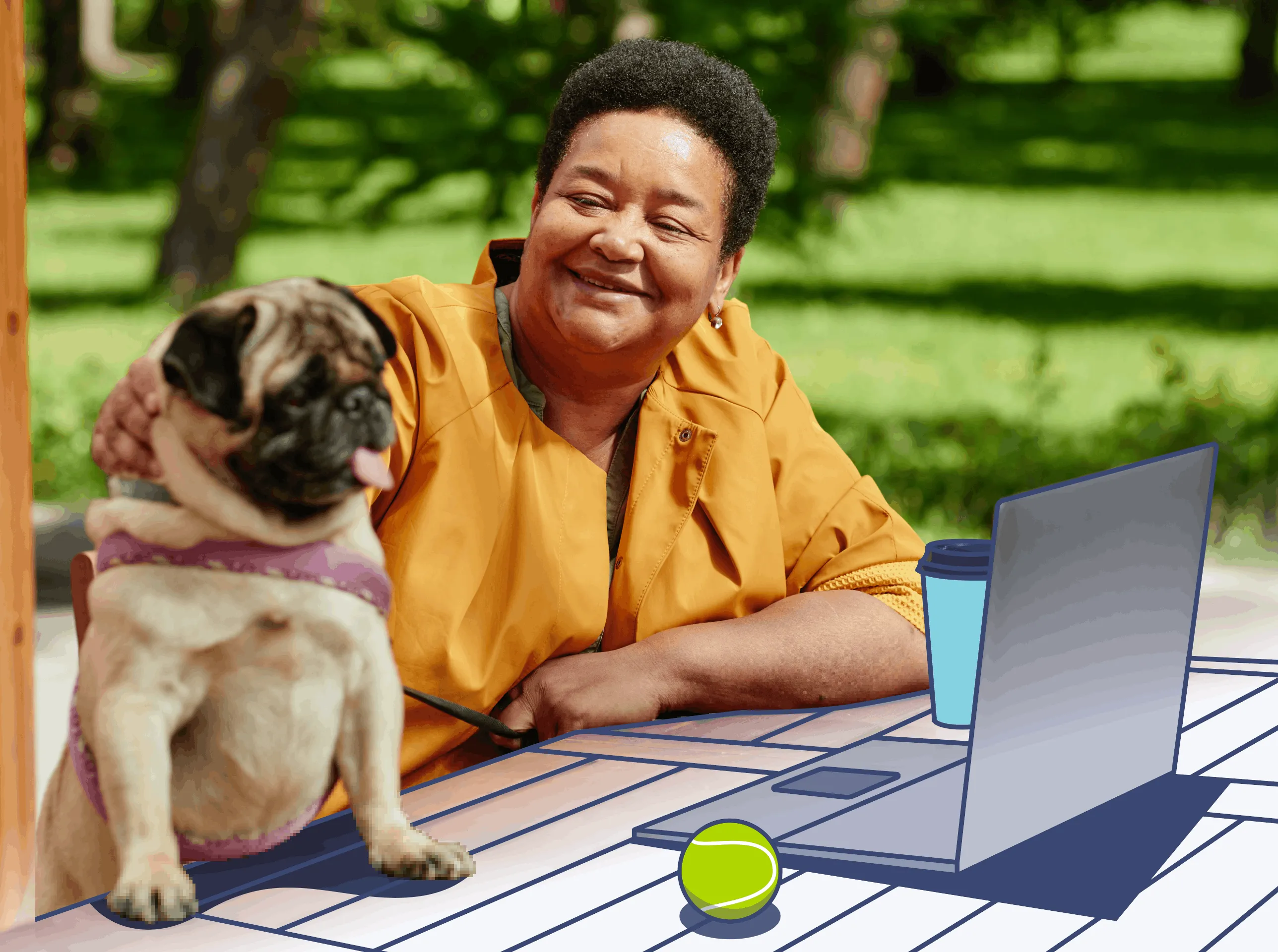 a woman sitting on a bench, petting her dog while her laptop is in front of her