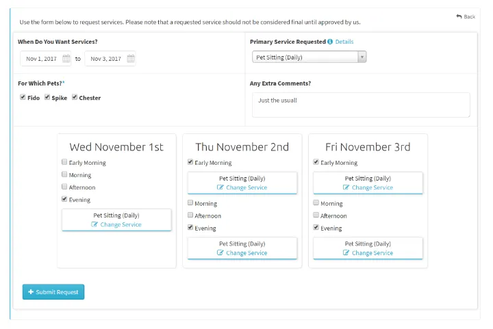 Client service request form with requested dates, pets, and daily time slot checkboxes.