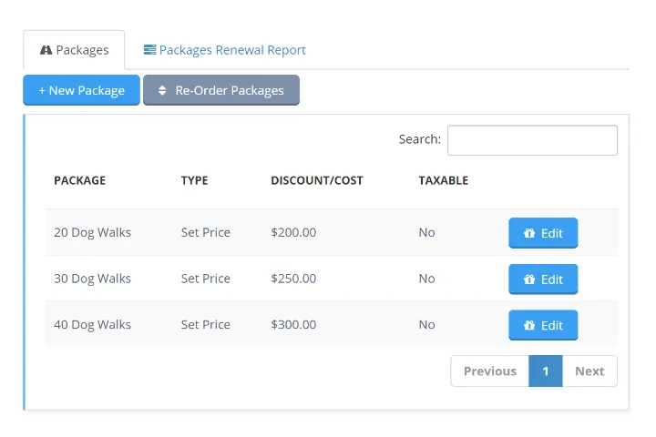 Packages table listing dog walk bundles with set prices and edit buttons.