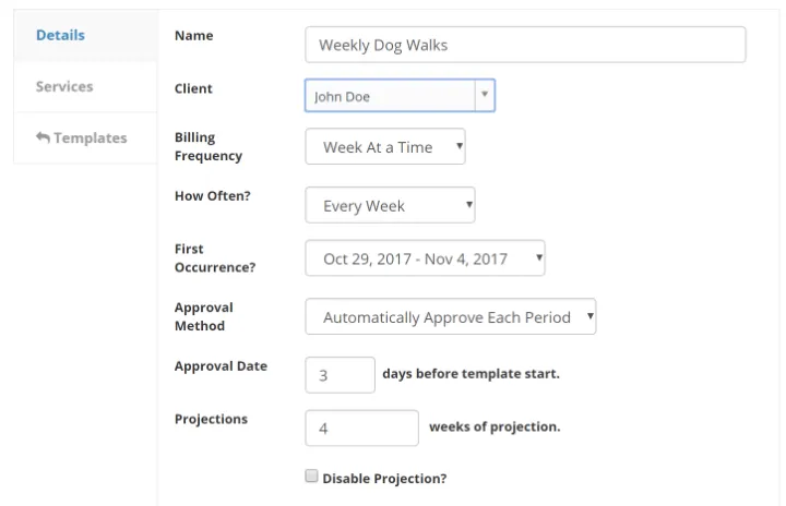 Recurring service template settings form with billing frequency, approval method, and projection fields.