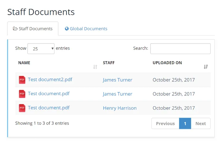 Staff Documents table listing uploaded PDF files with staff names and upload dates.