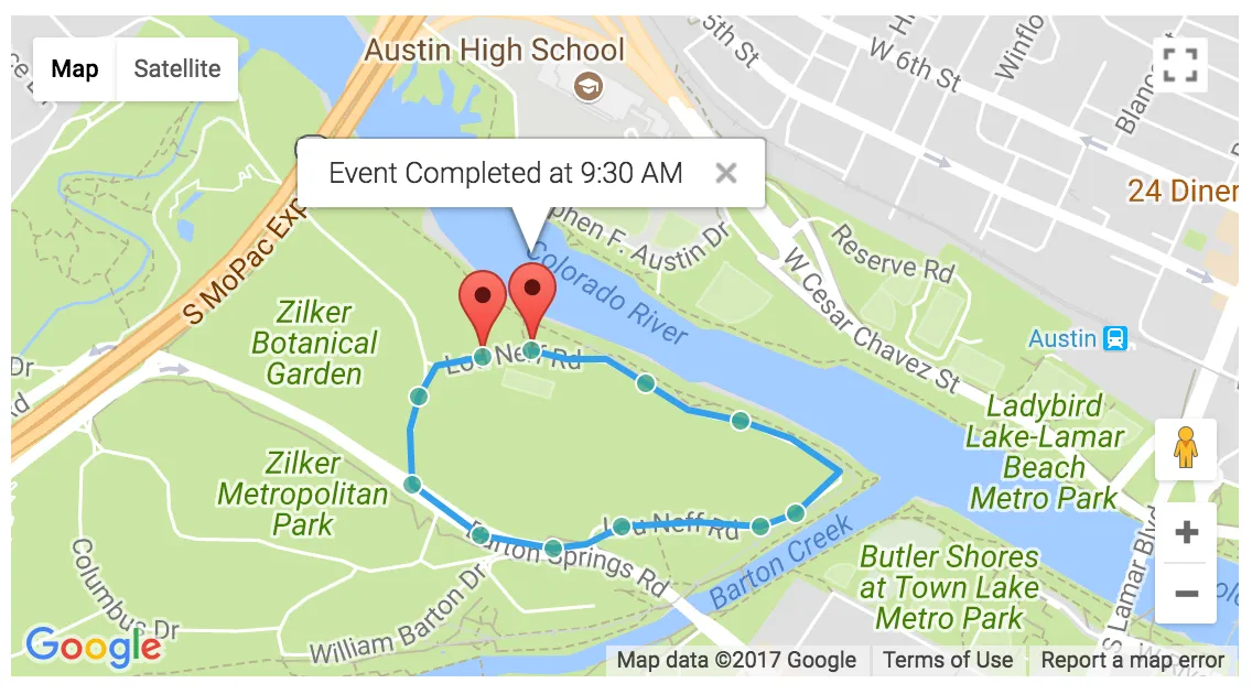 Map showing a completed dog walking route with GPS tracking pins and a 9:30 AM event completion note.