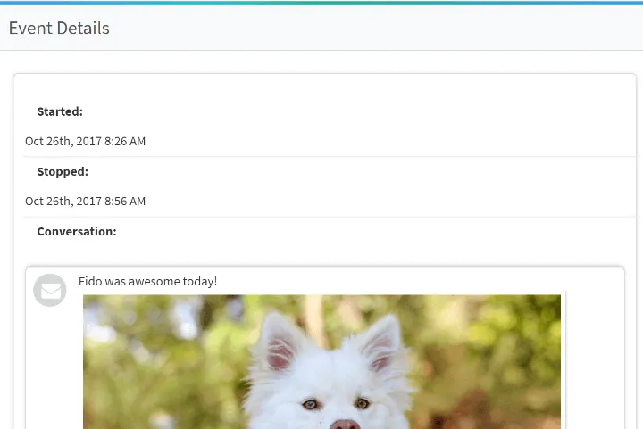 Event details panel showing visit start and stop times and a message with a photo of a white dog.