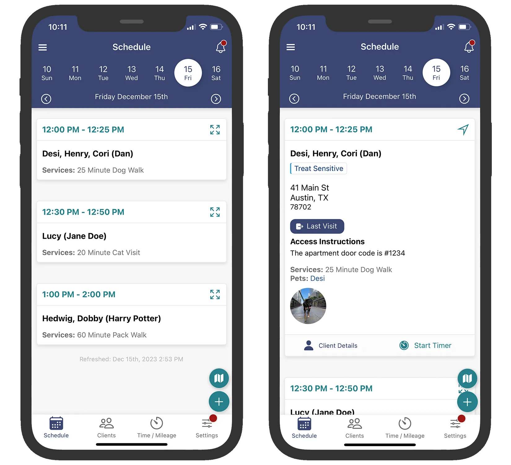 Mobile app schedule screen listing dog walk and cat visit appointments with client and access details.
