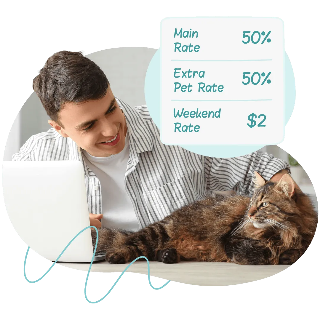 Man working on a laptop with a cat, beside a rate card showing main pet, extra pet, and weekend rates.