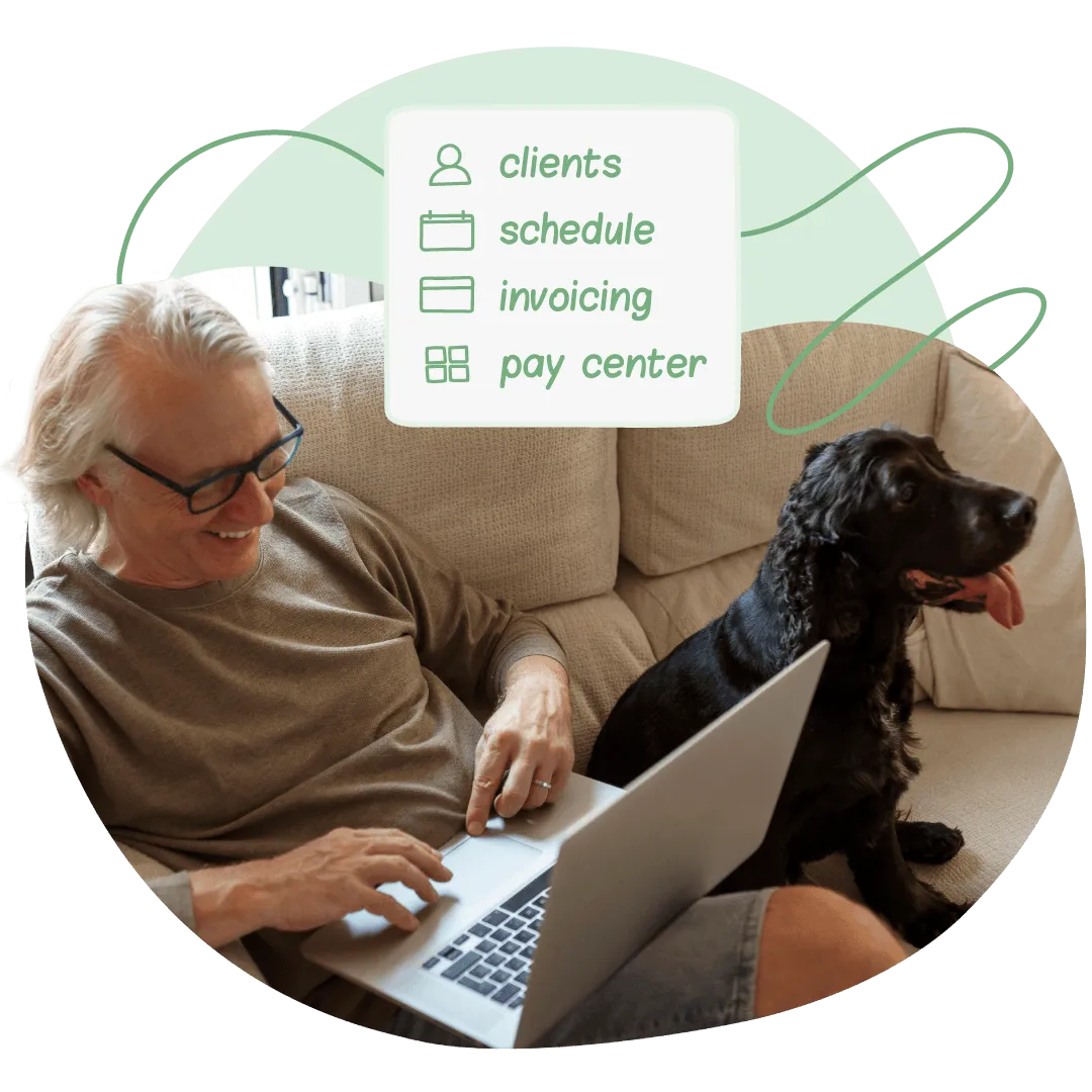 Man using a laptop beside his dog on a couch, next to icons for clients, schedule, invoicing, and pay center.