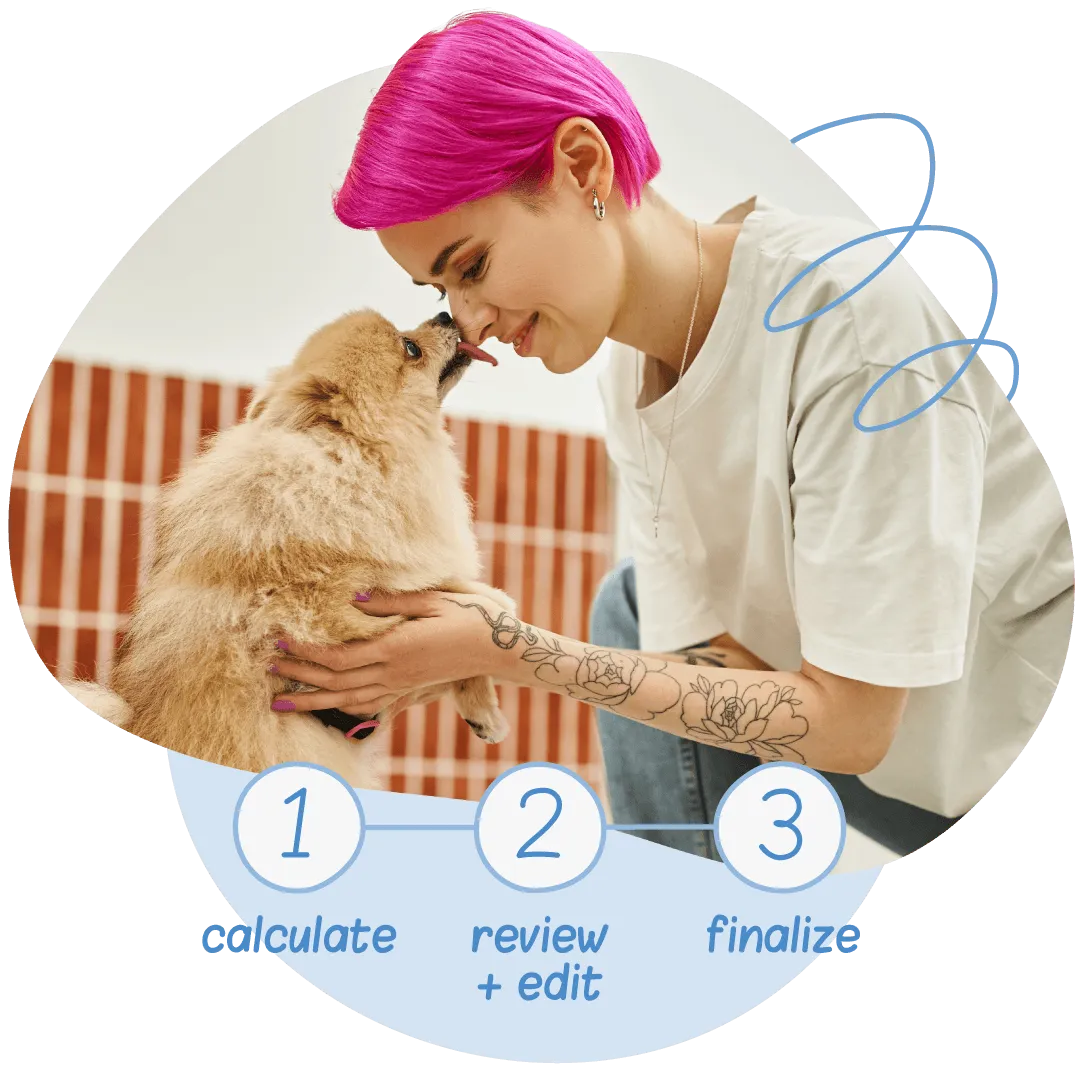 Pet sitter petting a fluffy dog beside a three-step payroll graphic: calculate, review and edit, finalize.