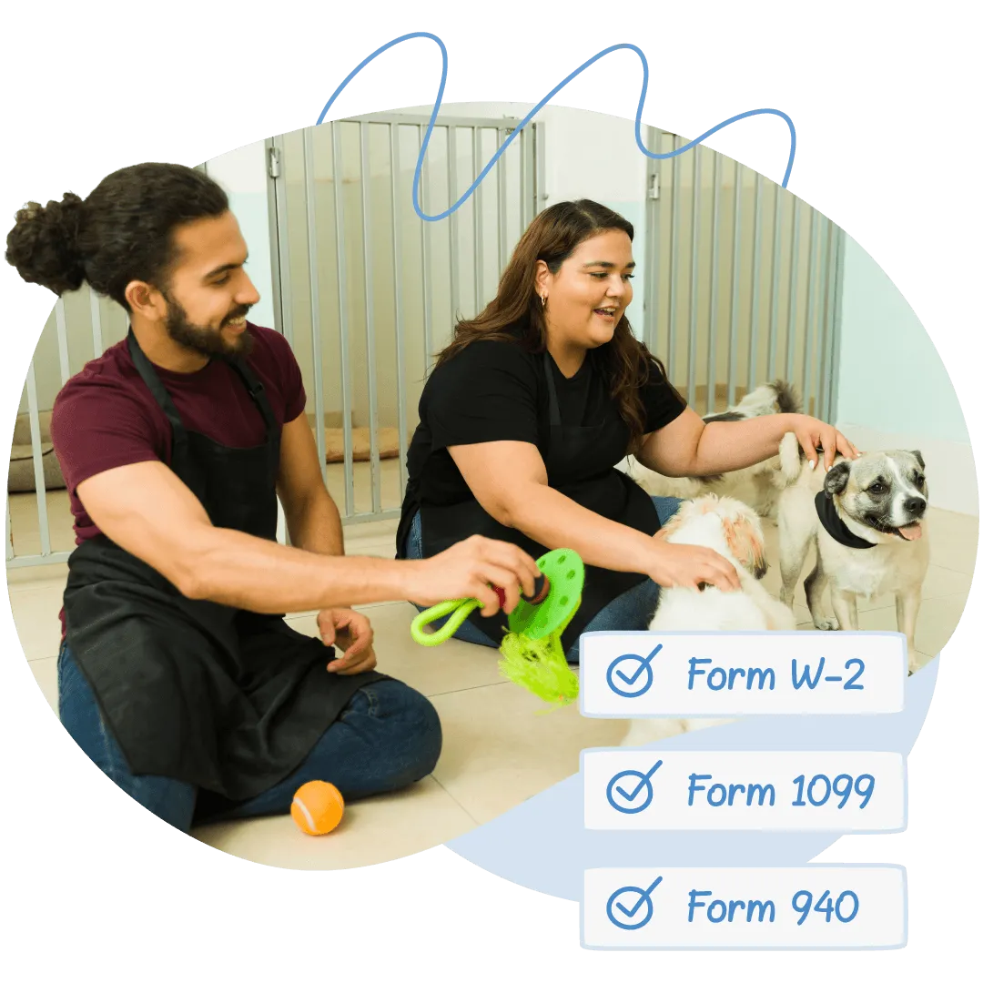 Two pet sitters playing with dogs beside a checklist of payroll tax forms W-2, 1099, and 940.