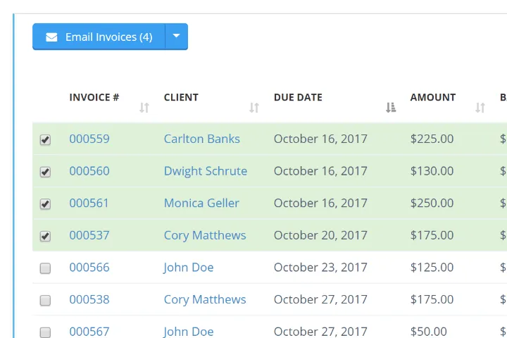 Invoice list with checkboxes selected and an Email Invoices button for bulk sending invoices.