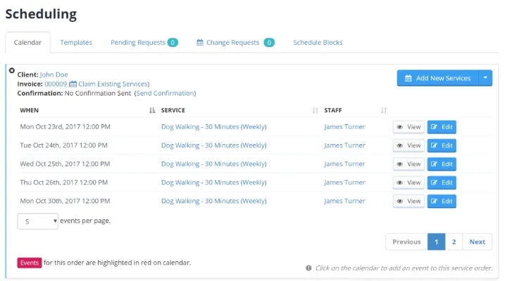 Scheduling page listing a client's recurring dog walking appointments assigned to a staff member.