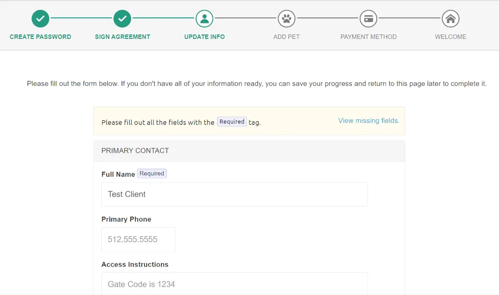 Client onboarding progress bar with a primary contact form for full name, phone, and gate access instructions.
