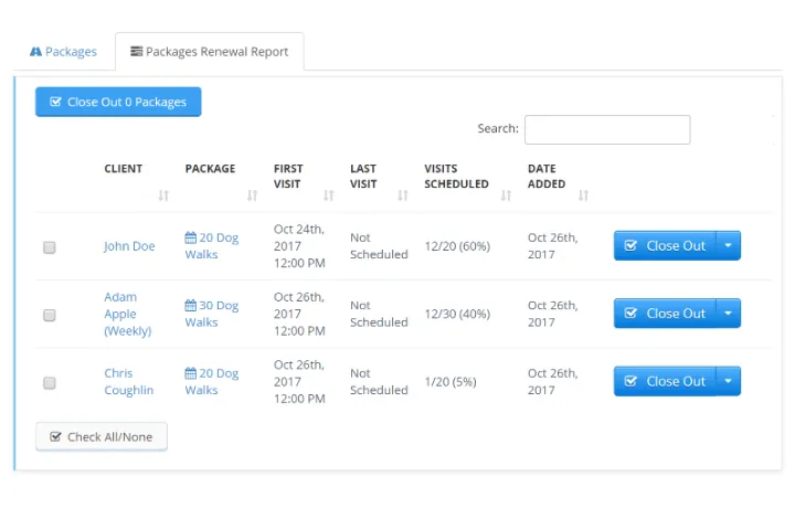 Package renewal report listing clients, packages, and visits scheduled versus remaining.