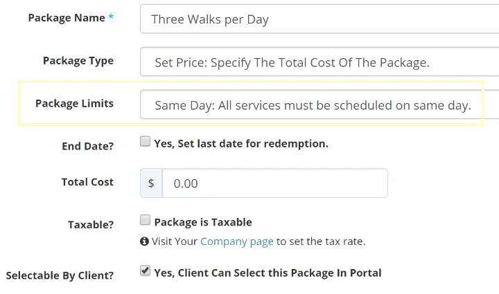 Package settings form with the package limits field highlighted, restricting services to the same day.