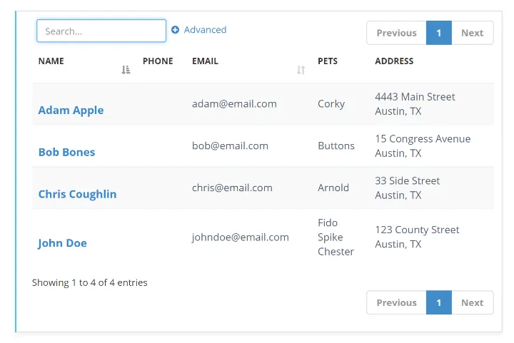 Client list table with names, contact details, pets, and addresses for four clients.