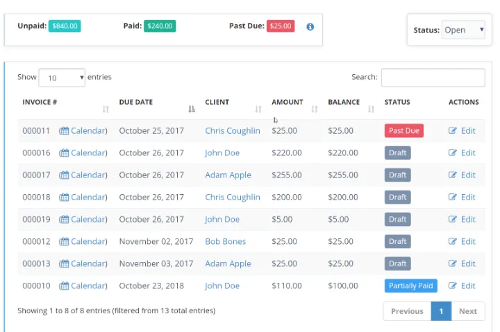 Invoice list showing unpaid, paid, and past due totals alongside individual invoice statuses.