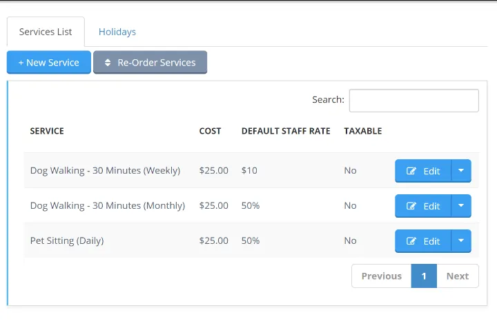 Services list showing dog walking and pet sitting offerings with pricing and staff rates.