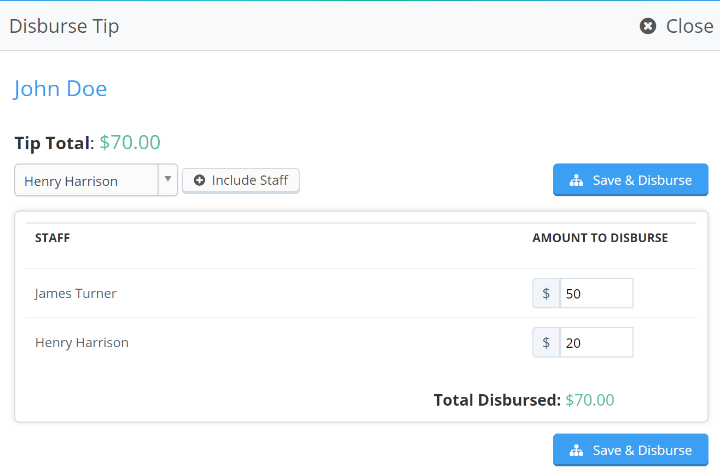 Disburse tip dialog splitting a $70 tip between two staff members before saving.