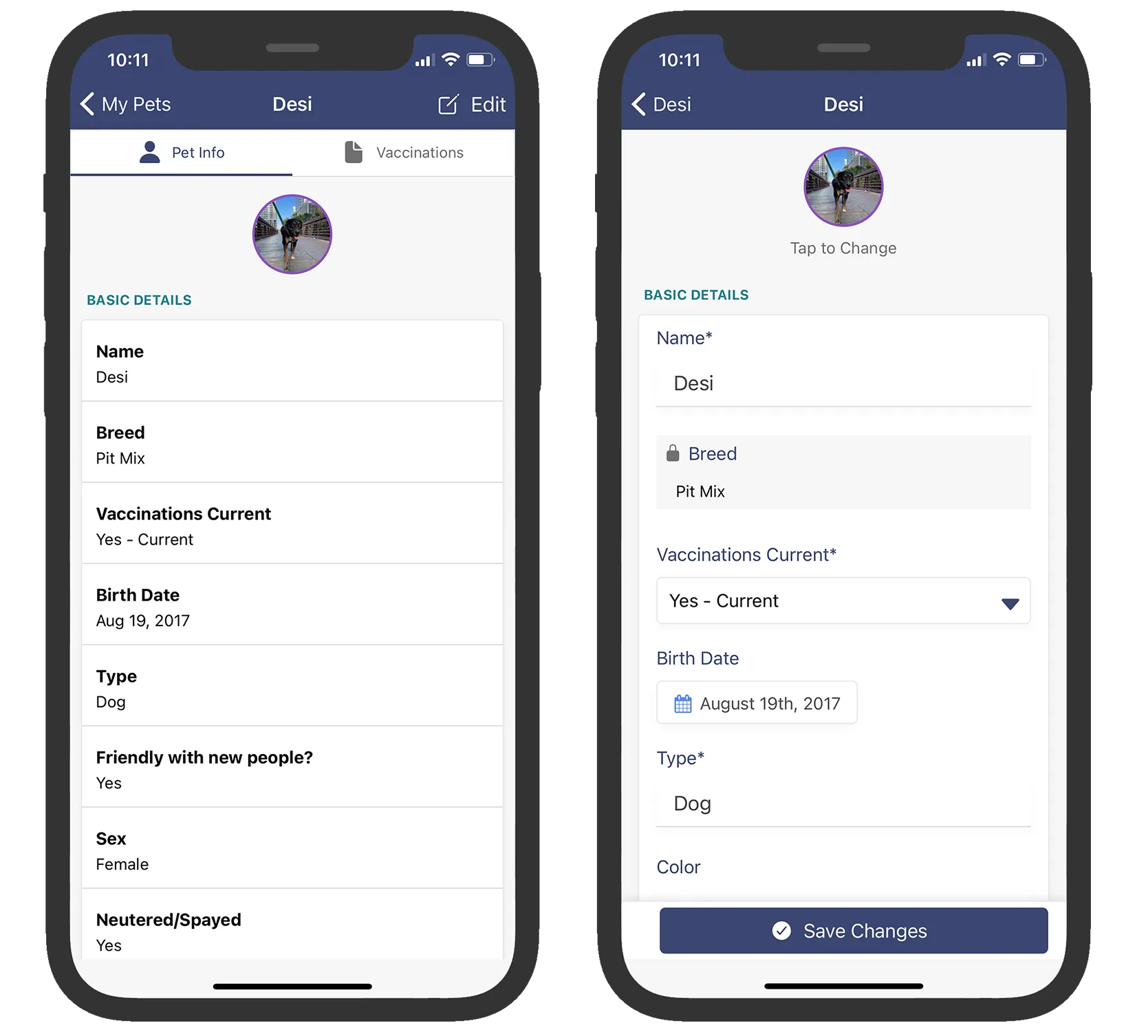 Client app pet profile for a dog named Desi showing breed, birth date, and vaccination status.