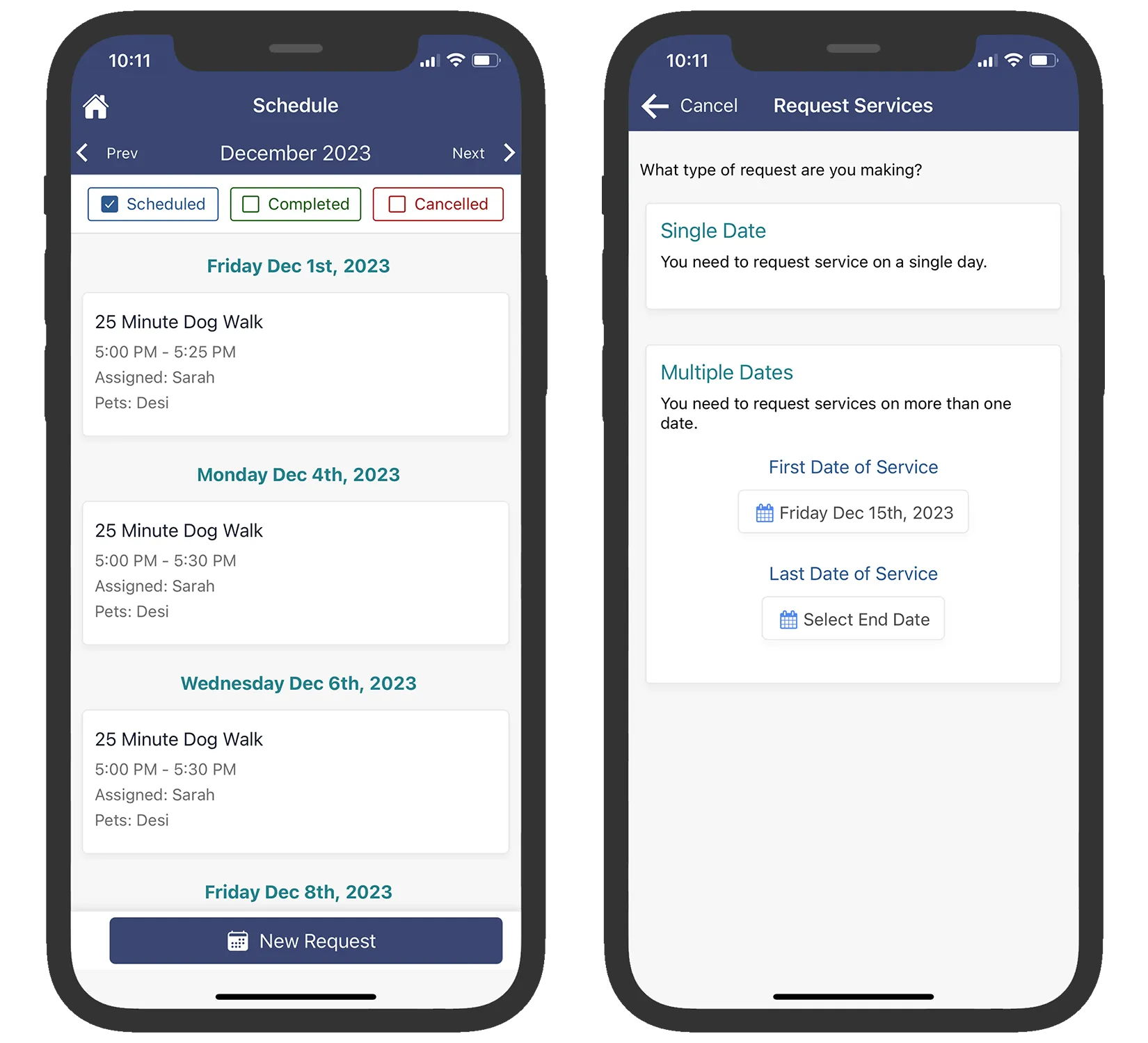 Client app schedule screen with upcoming dog walks and a form to request service on new dates.
