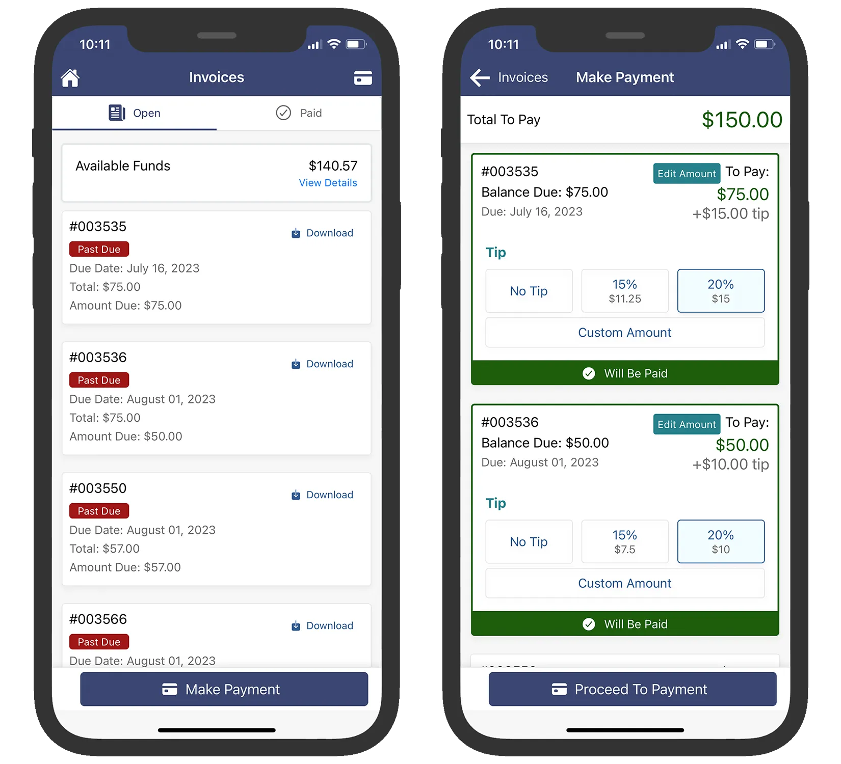 Client app invoices screen listing past-due balances with a Make Payment button and tip options.