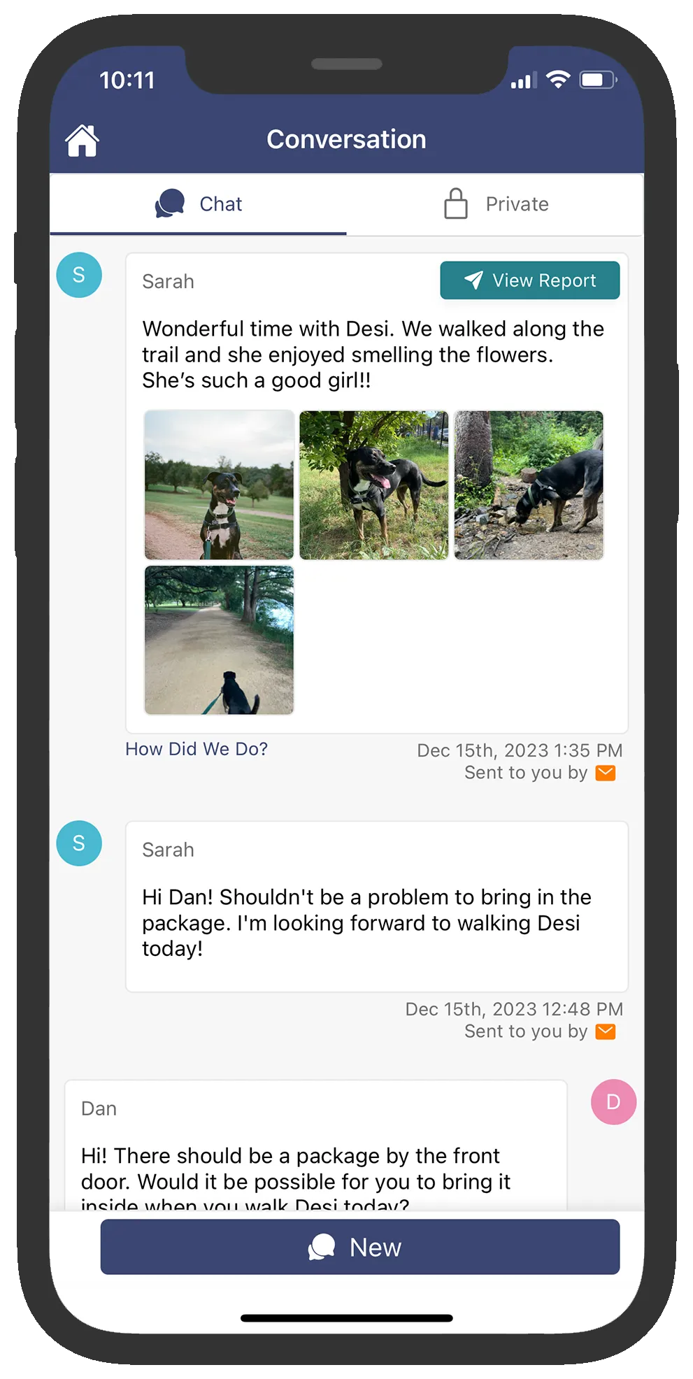 Client app conversation thread with a pet sitter, showing dog-walking photos and messages.