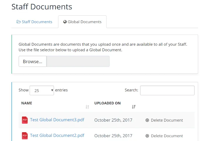 Global Documents tab for uploading files shared with all staff, showing a list of uploaded PDFs.