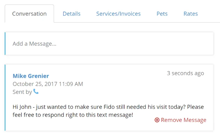 Client conversation screen showing a text message asking if the pet still needs today's scheduled visit.