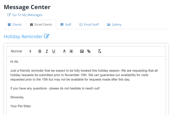Message Center screen composing a bulk holiday reminder email to clients with a rich text editor.