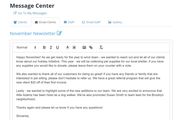 Message Center email editor showing a November newsletter draft to clients.