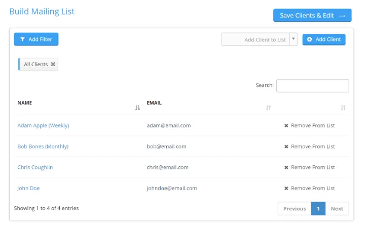 Mailing list builder showing filtered clients with names, emails, and remove options.