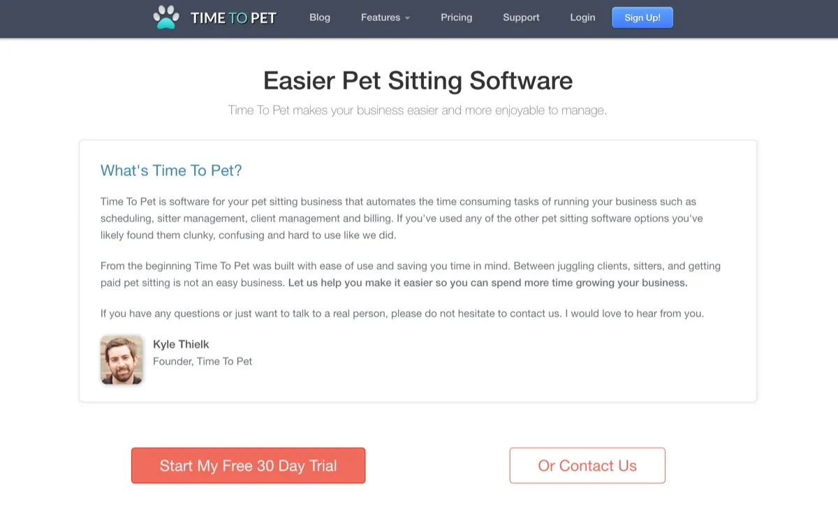 The Time To Pet homepage in 2015, headed Easier Pet Sitting Software