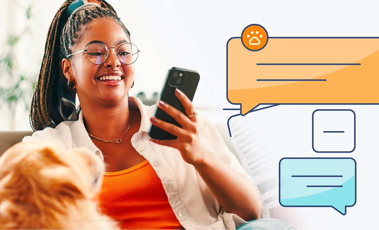 Smiling woman with glasses and braided hair sitting on a couch, holding a smartphone, with a golden retriever in the foreground and illustrated chat bubbles to her right.