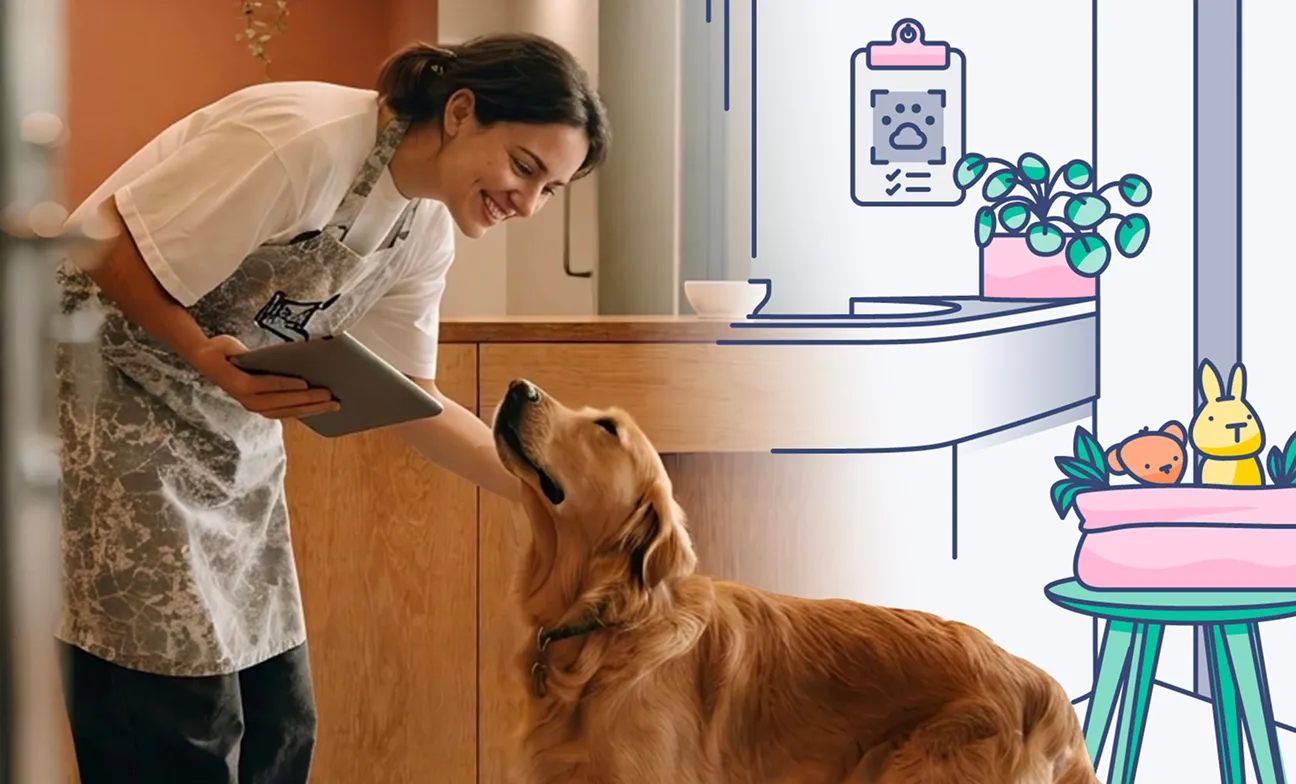 A smiling woman in an apron leans down to pet a golden retriever while holding a tablet, with a partially overlaid illustration of a veterinary clinic reception area including a clipboard, potted plant, and pet bed with toys.