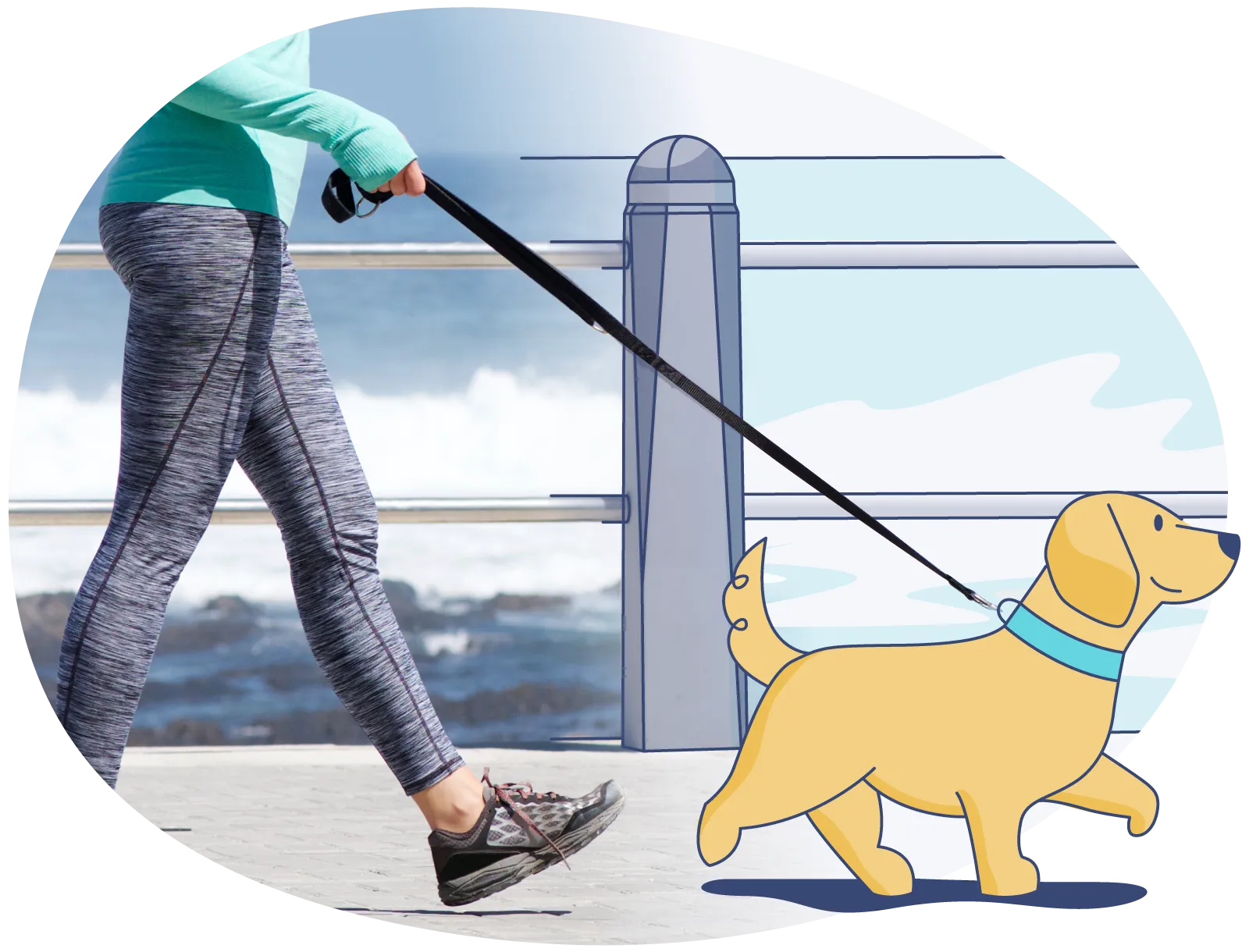 Person wearing gray leggings, black running shoes, and a teal long-sleeve top walking a cartoon-style yellow dog with a blue collar on a black leash by the ocean boardwalk.
