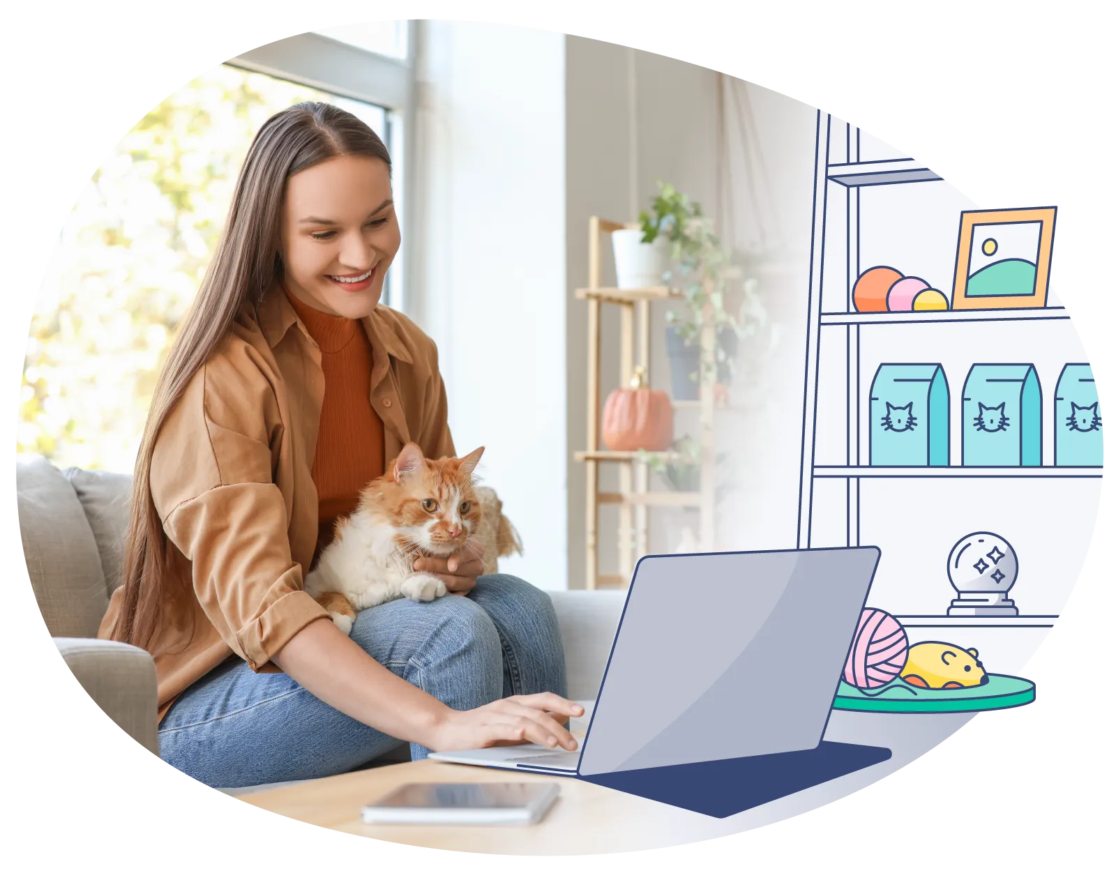 A young woman with long hair sitting on a couch, holding an orange and white cat on her lap while smiling and using a laptop on a table in front of her, with a phone nearby; the background blends into an illustrated shelving unit with cat-related items and plants.