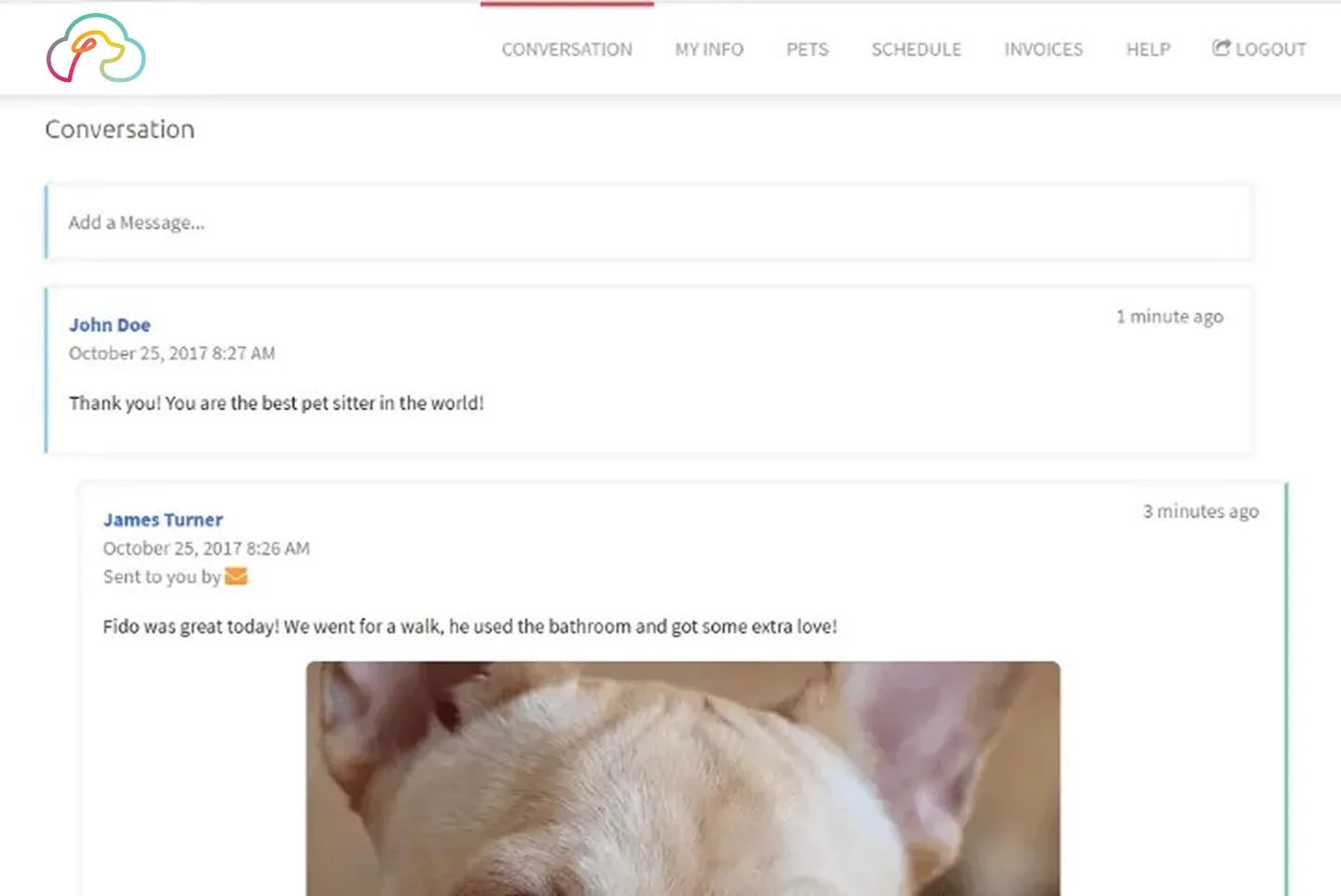 Screenshot of a pet care app conversation showing messages from John Doe and James Turner about a dog named Fido, including a close-up photo of a light-colored dog with large ears.