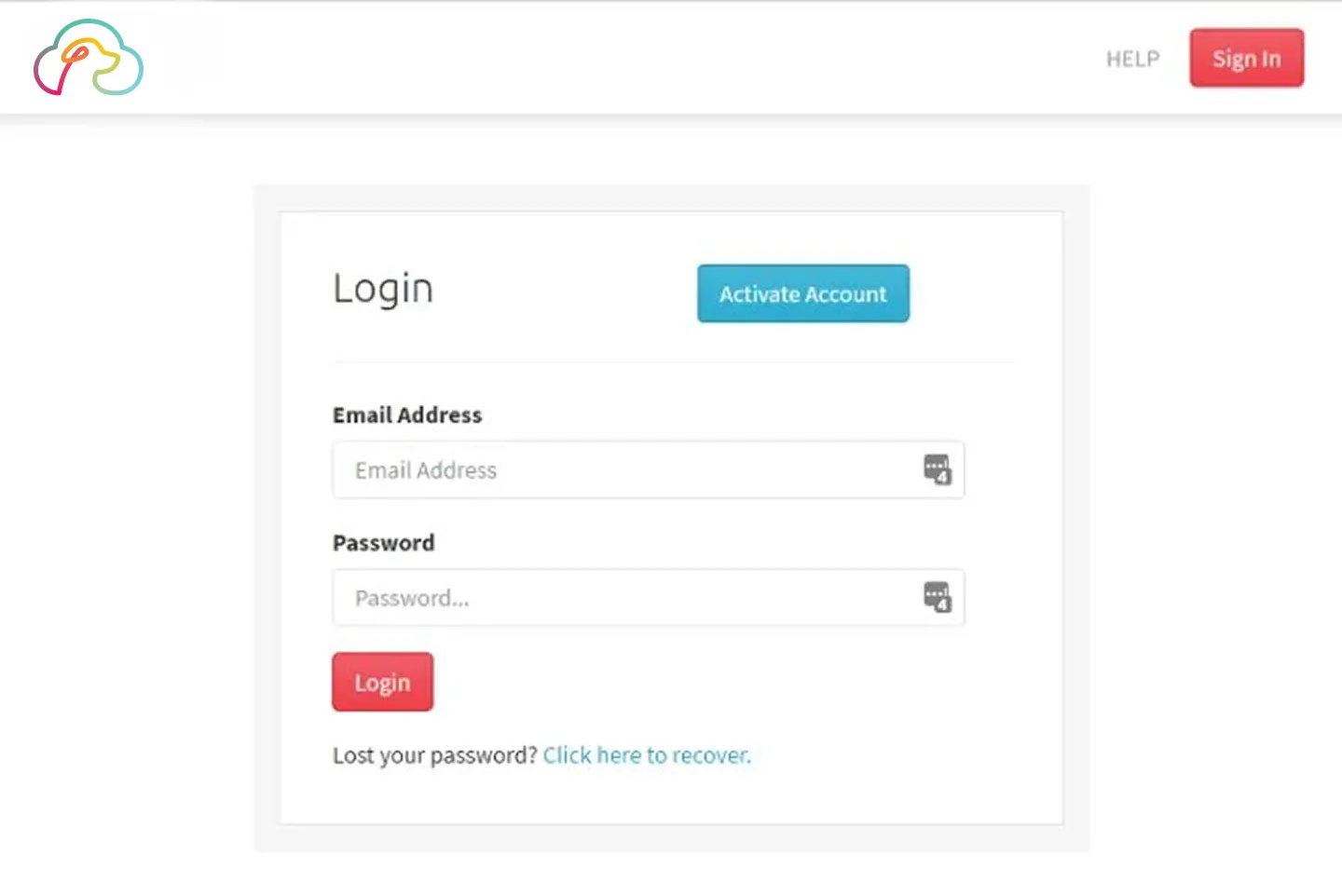 Login form with fields for email address and password, a red 'Login' button, a blue 'Activate Account' button, and a link to recover a lost password.