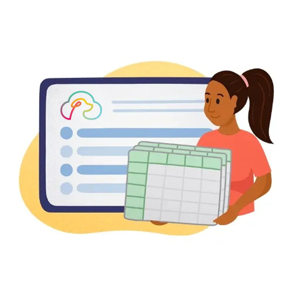 Illustration of a woman with a ponytail holding a stack of spreadsheet-like tables in front of a large screen displaying a list with bullet points and a colorful cloud-shaped icon in the top left corner.