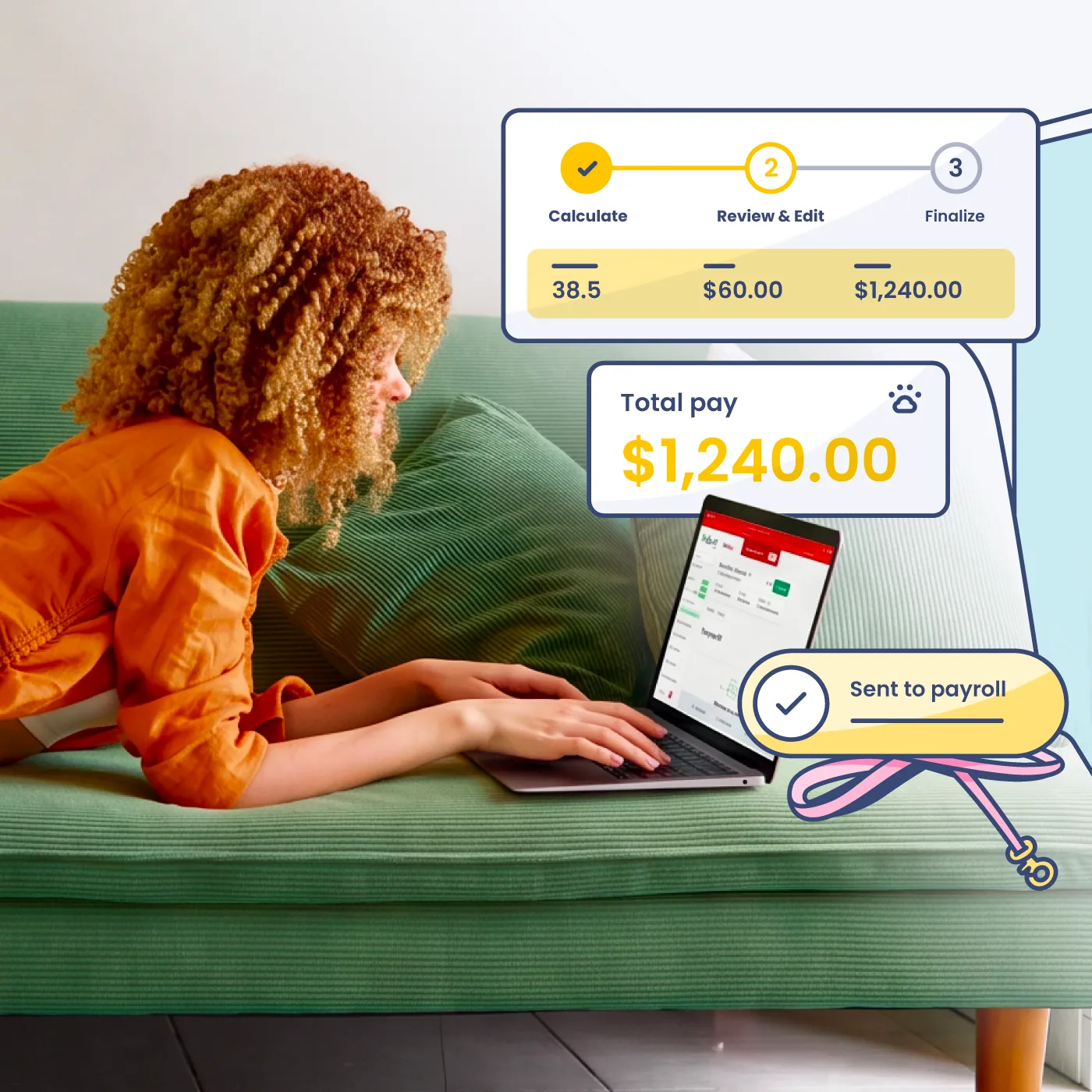 Person with curly hair wearing an orange shirt lies on a green couch using a laptop, with digital overlays showing payroll steps: Calculate, Review & Edit, Finalize; total pay displayed as $1,240.00 and confirmation message 'Sent to payroll'.
