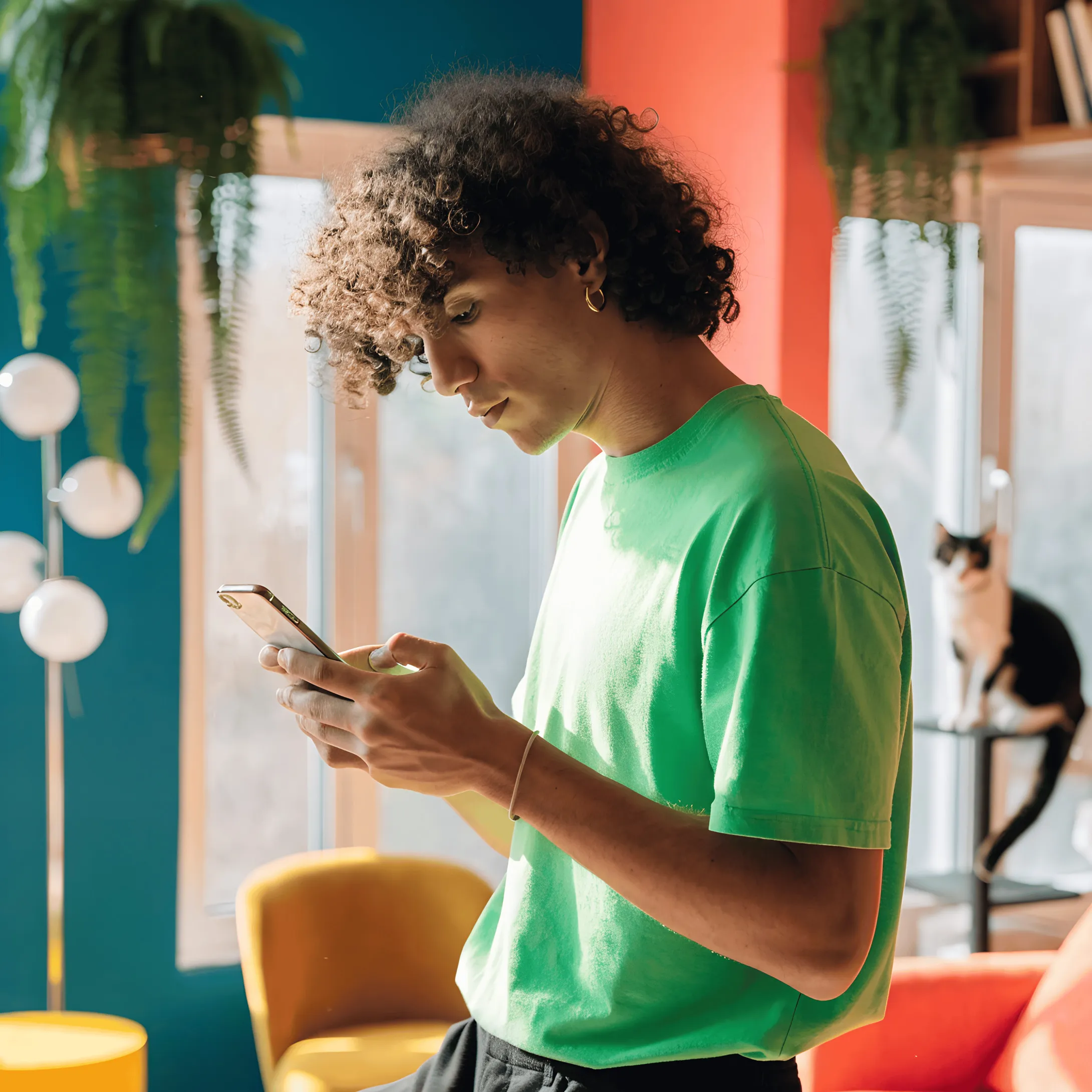 Young man with curly hair wearing a green t-shirt, standing indoors and looking at his smartphone, with a black and white cat sitting on a perch in the background near a window.