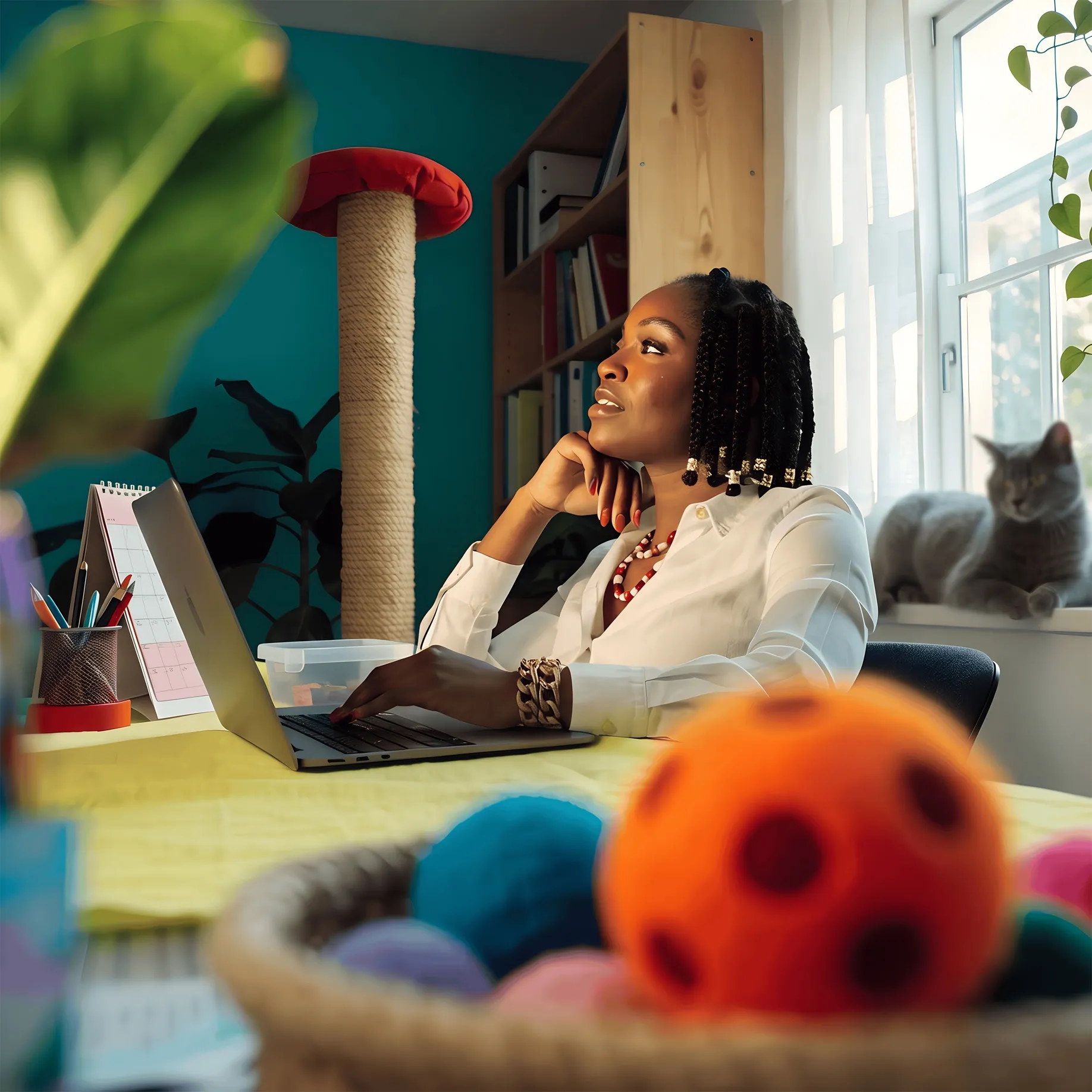 Woman with braided hair sitting at a desk with a laptop, looking thoughtfully to the side; a cat rests on the windowsill behind her with a cozy indoor setting including a cat scratching post and colorful yarn balls in the foreground.