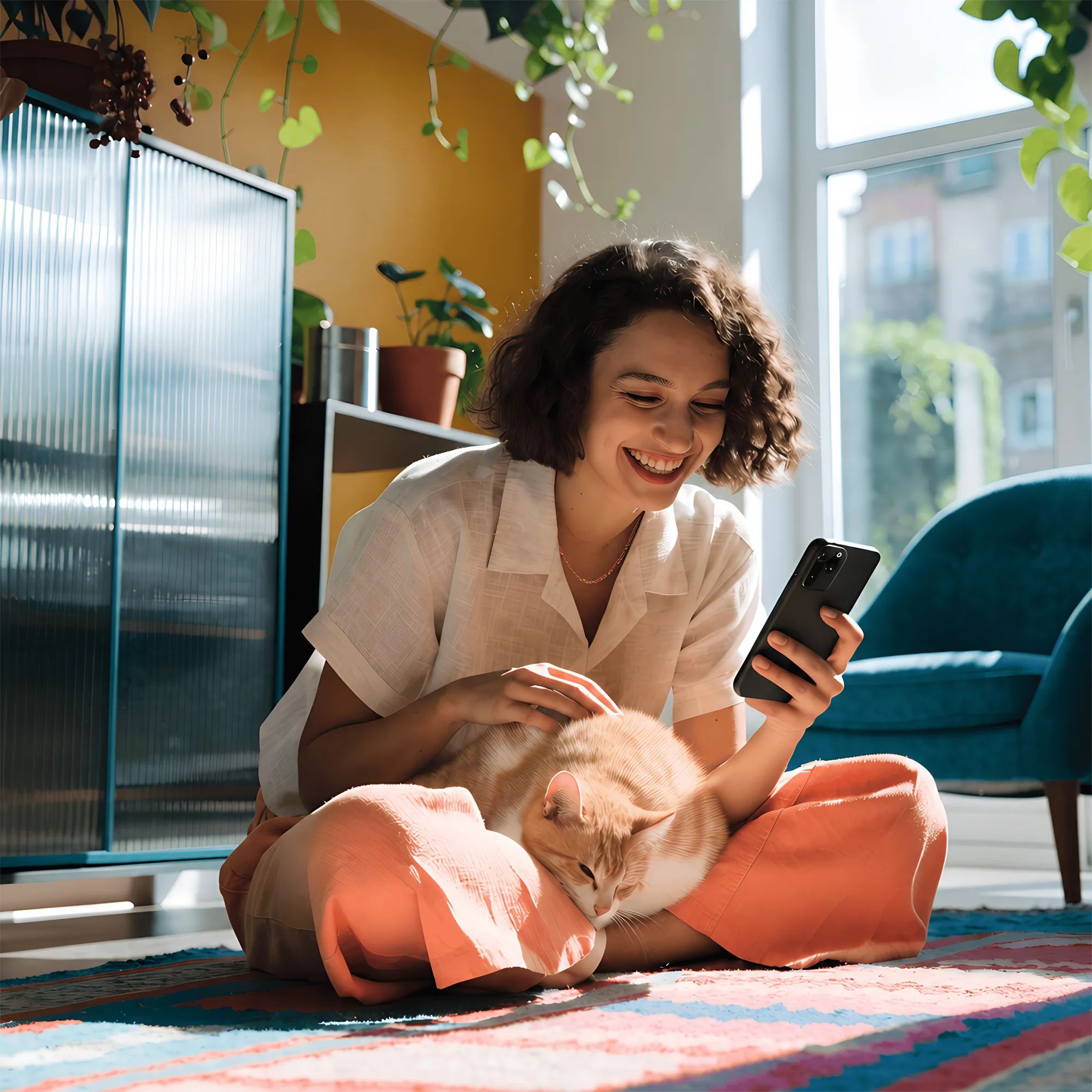 A smiling woman with short curly hair sits cross-legged on a colorful rug in a sunlit room, petting a light orange and white cat resting on her lap while holding a smartphone.