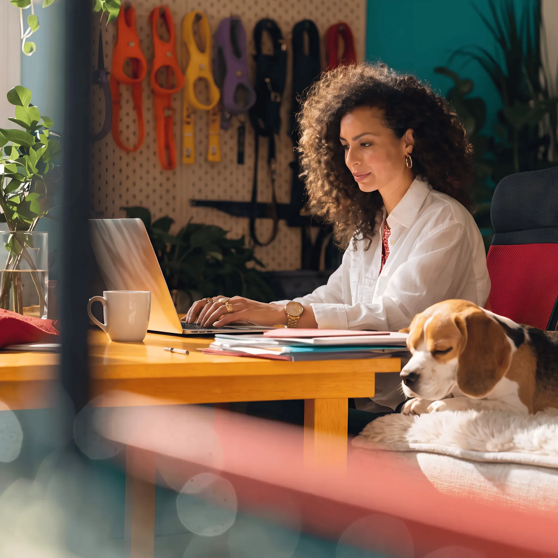 Woman with curly hair working on a laptop at a wooden table with a white coffee mug and folders nearby, while a beagle dog rests on a cushion beside her in a room decorated with hanging colorful dog harnesses and green plants.