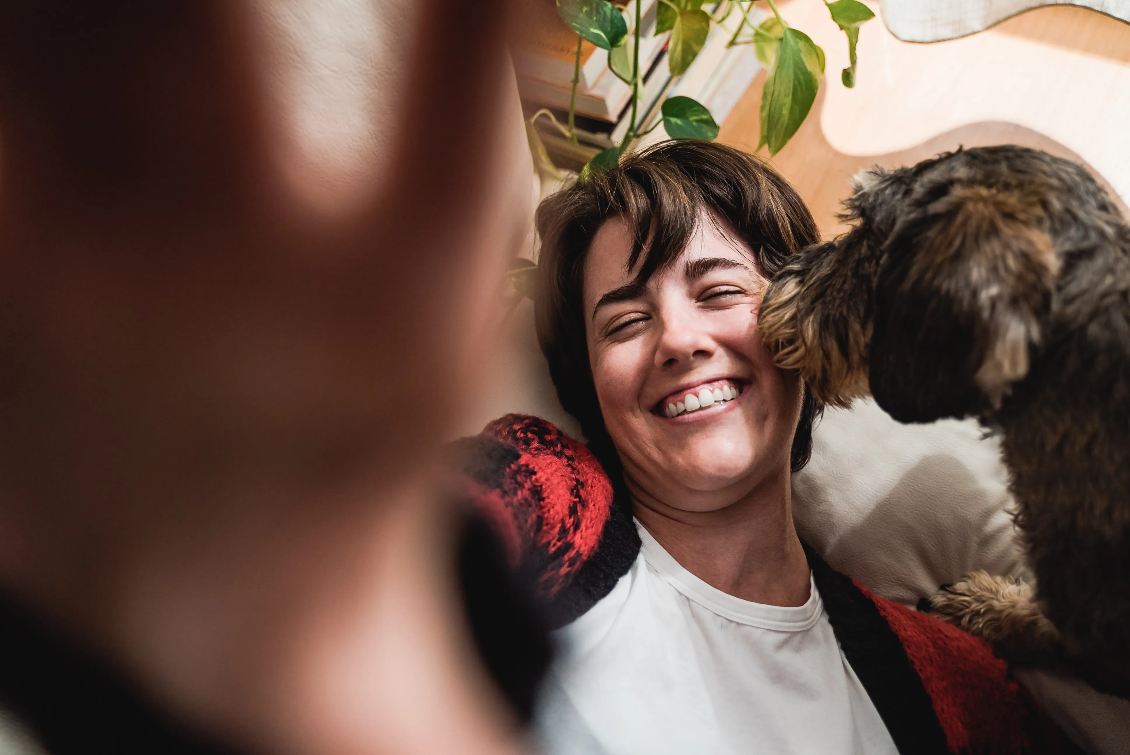 Smiling woman lying on a couch receiving a lick on the cheek from a small furry dog with dark fur.