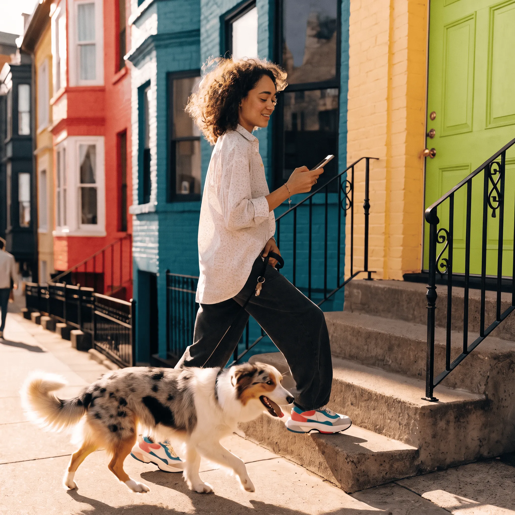 Young woman walking a happy Australian Shepherd dog on a leash up concrete steps to a green door, while looking at her smartphone, with colorful houses lining the sunlit street.