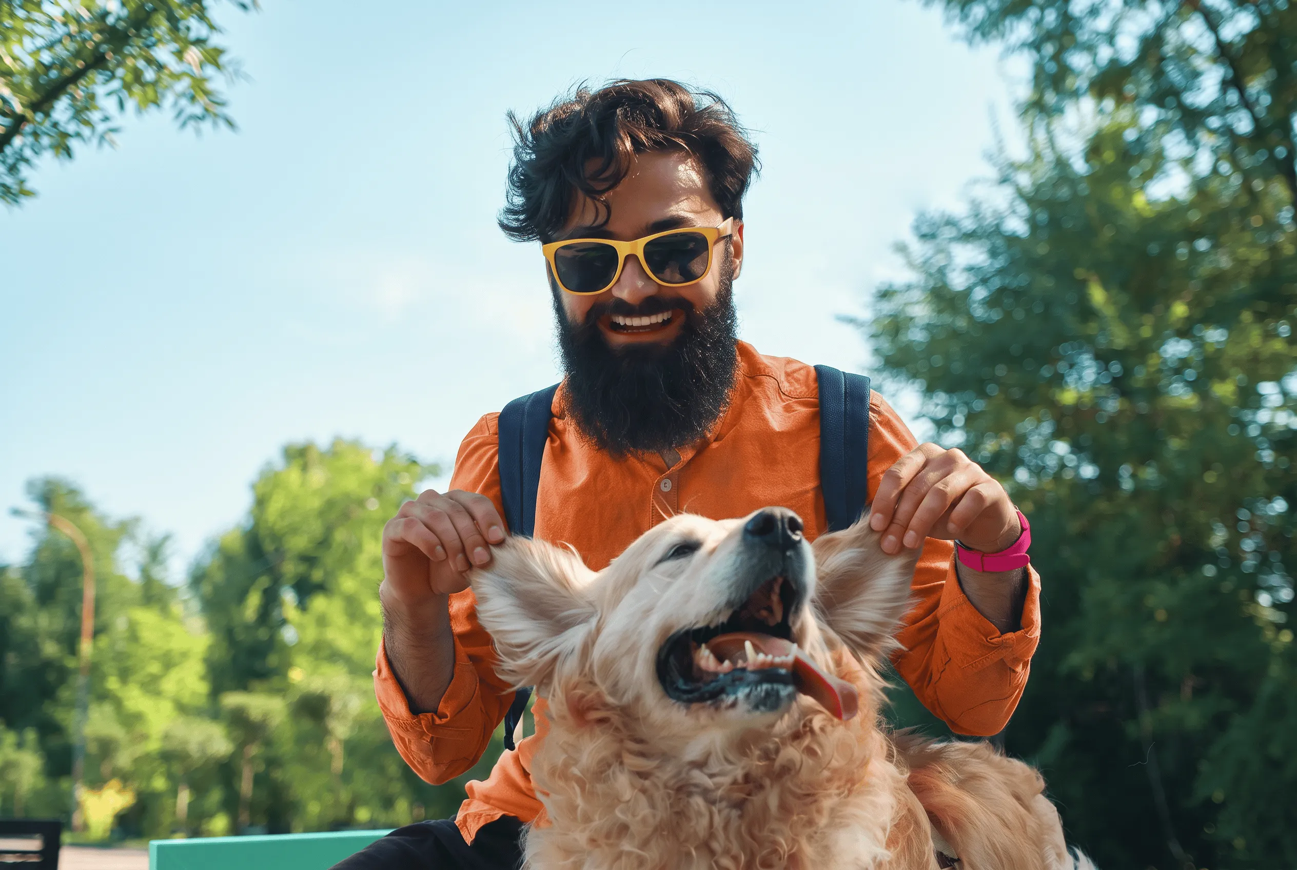 Smiling man with a beard and yellow sunglasses wearing an orange shirt, playfully holding the ears of a happy golden retriever with its tongue out, outdoors in a park with green trees.