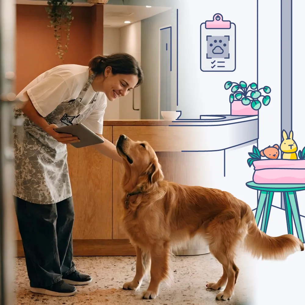 Smiling woman in apron petting a golden retriever dog indoors, with a tablet in her hand, next to a wooden counter; part of the background blends into a colorful cartoon-style veterinary clinic setting with a clipboard illustration, a potted plant, and animal toys on a stool.