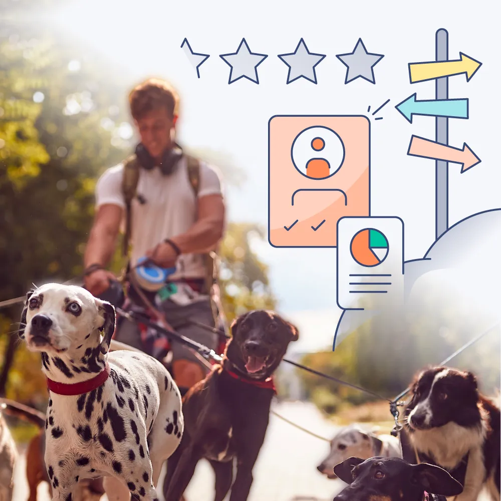 Person walking multiple dogs on leashes outdoors with illustrated icons including an incomplete star rating, user profile, pie chart, and colorful directional arrows.