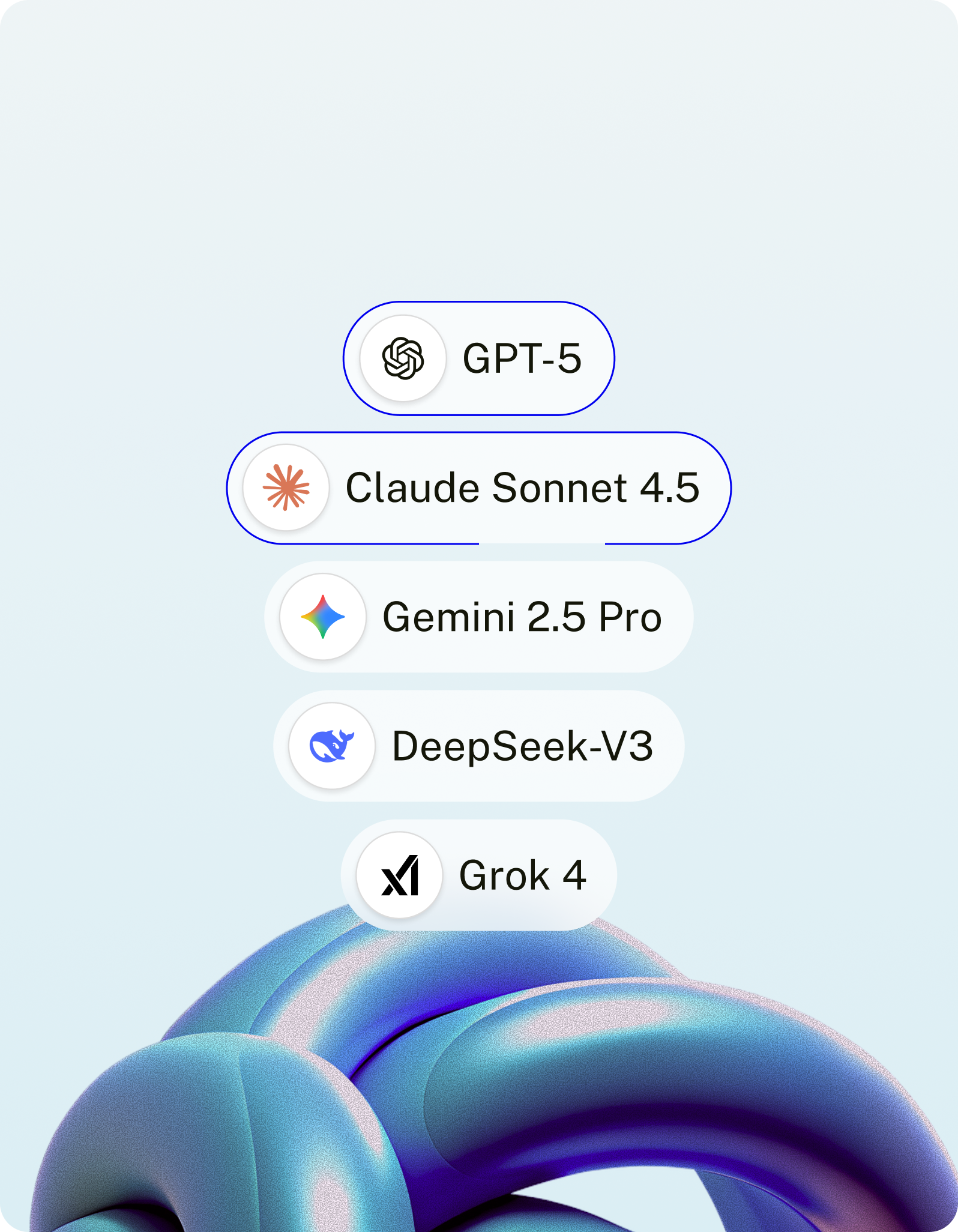 Model list including GPT, Claude, Gemini, DeepSeek and Grok