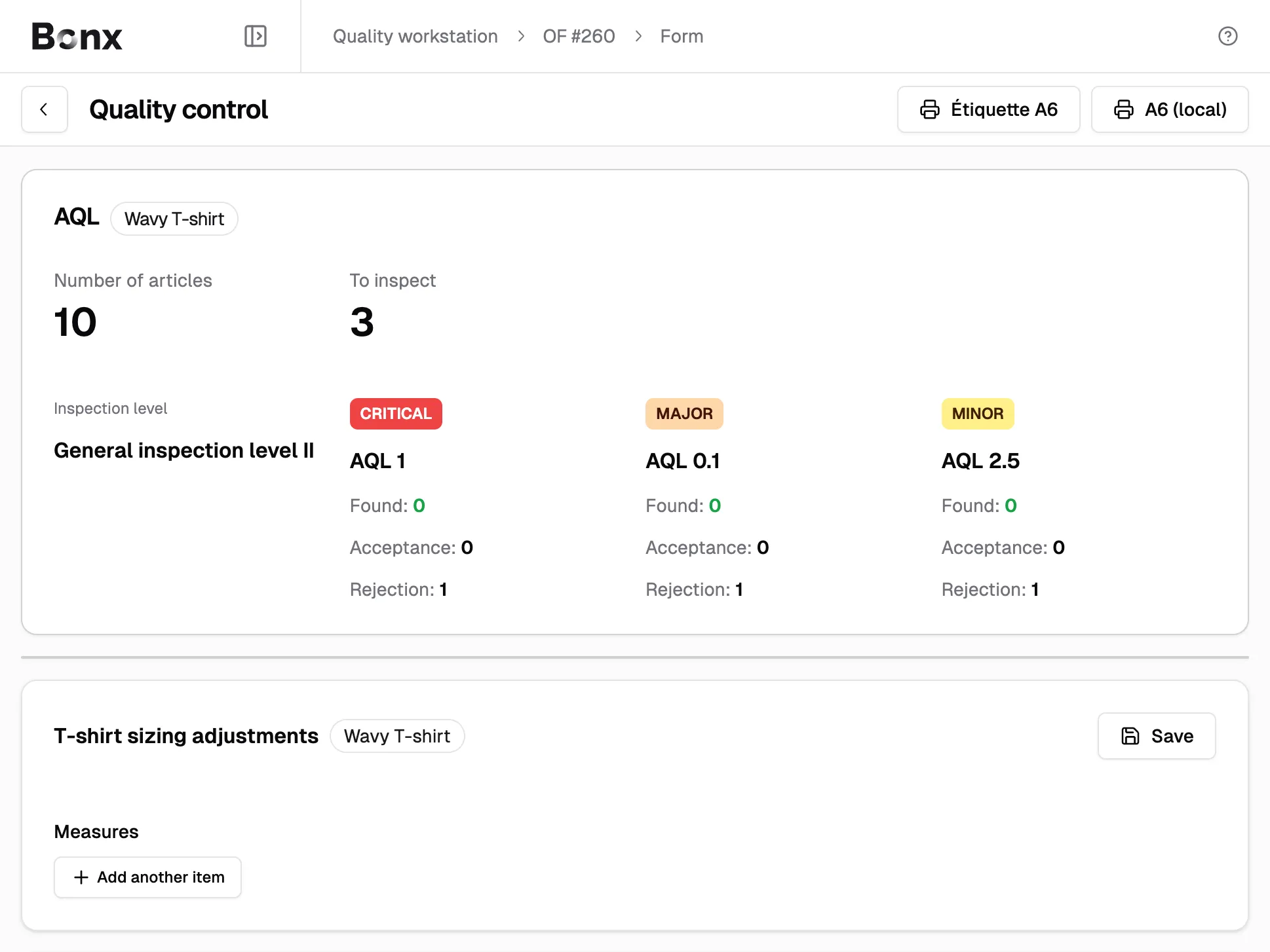 Bonx quality control screen showing an AQL summary for a Wavy T-shirt, with inspection quantity and critical, major, and minor defect thresholds.